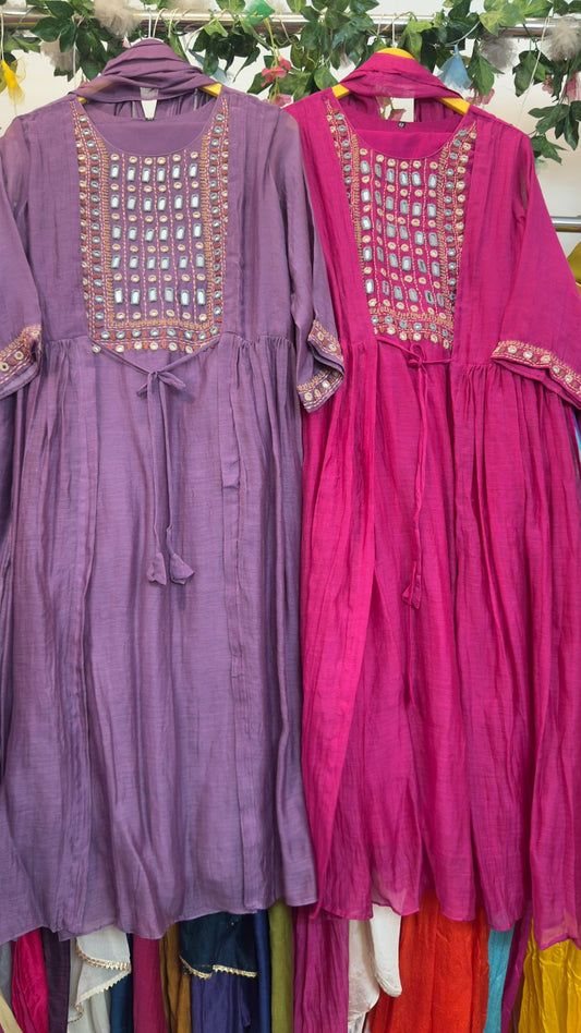 Real Mirror Front Work With Attached Jacket Mul Chanderi A-Line Full Suit Set