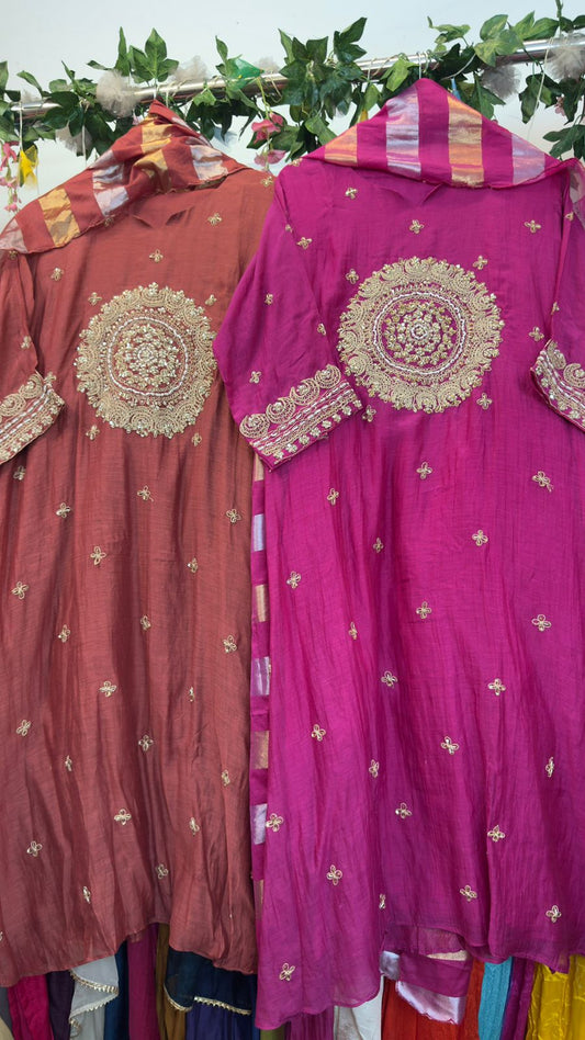 Round Hand work aline beautiful mul chandari suit