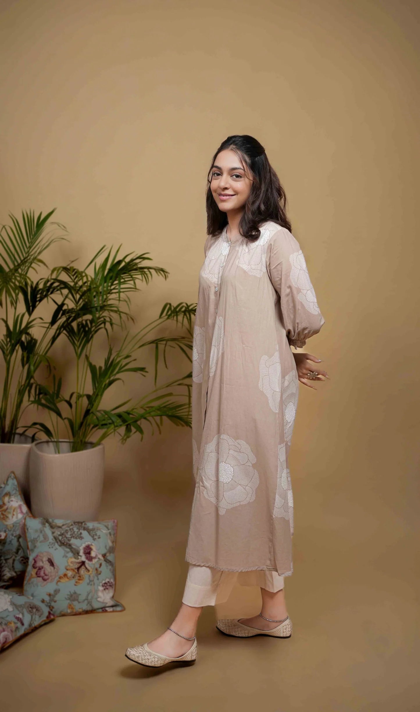 Light Beige Cotton Collar Neck White Buttons Down The Front Placket Kurta Pant Set