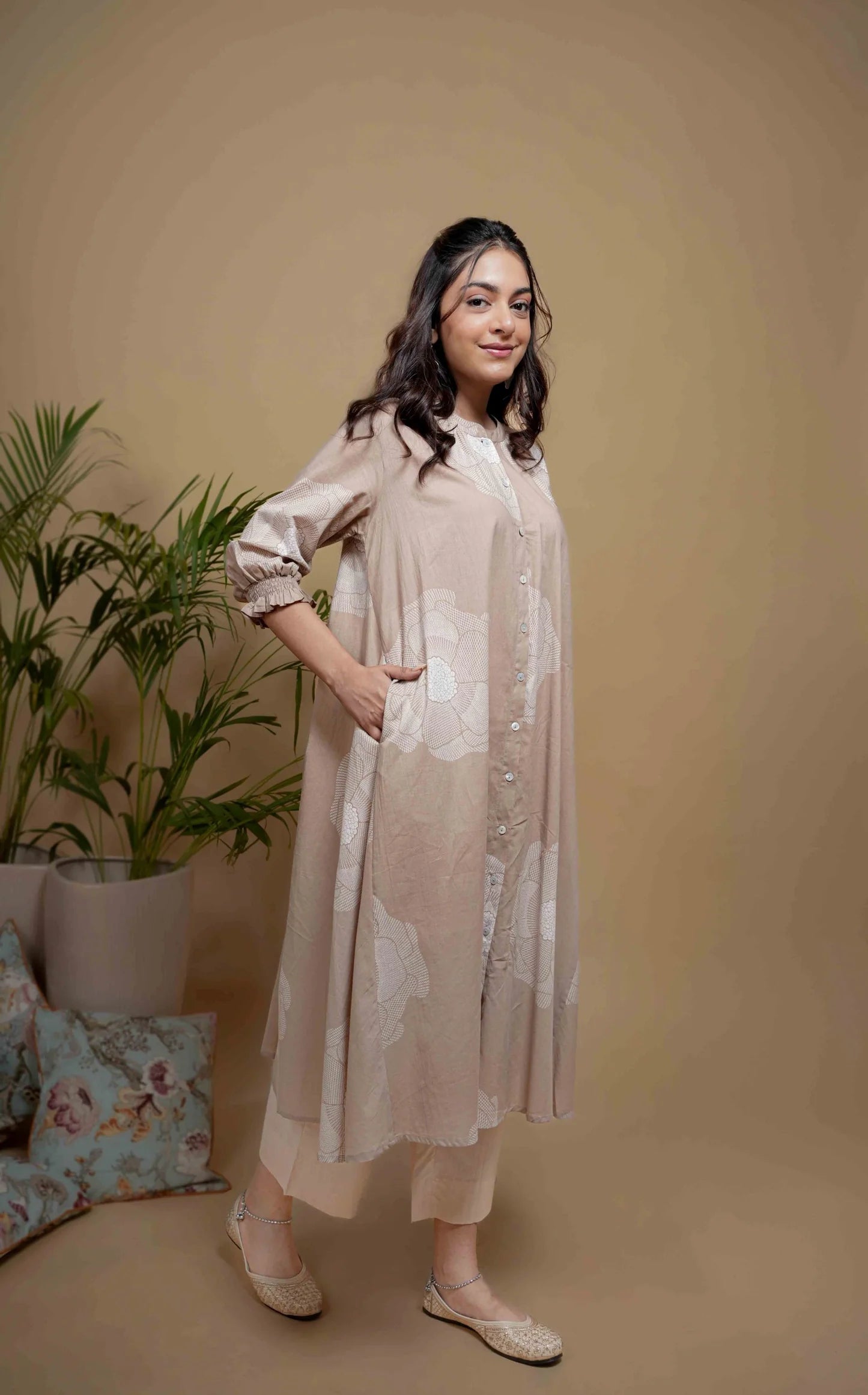 Light Beige Cotton Collar Neck White Buttons Down The Front Placket Kurta Pant Set