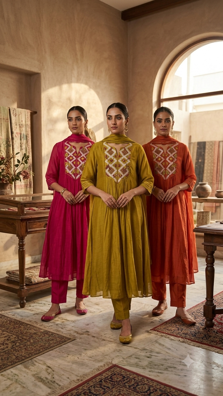 Festive colours in pure mul chandari suit with hand work
