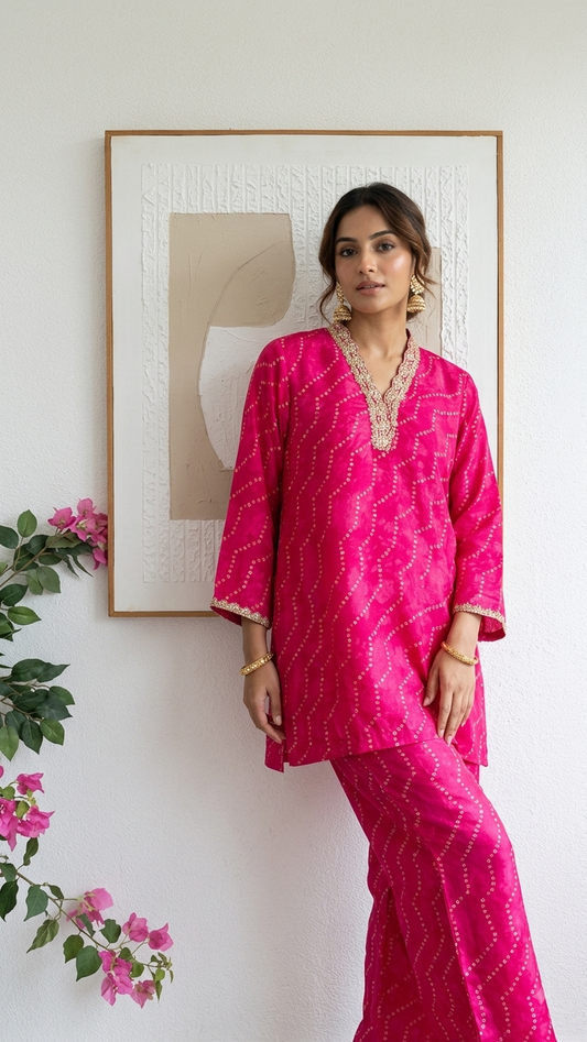Trendy ethnic fusion Bandhani silk co ord set lining in both top & bottom