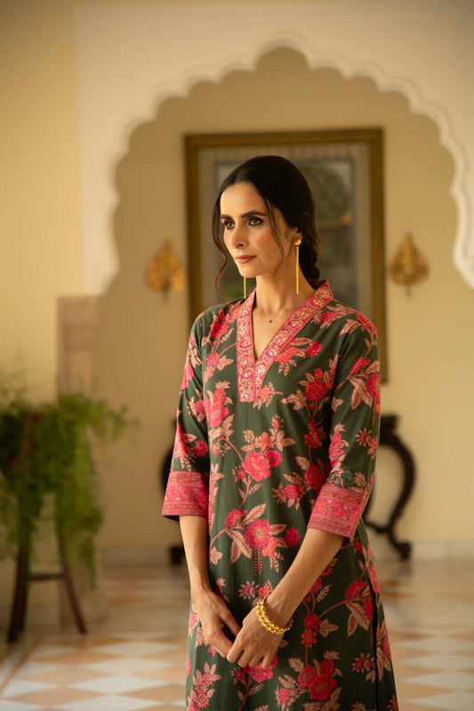 Bottle Green Printed Straight Kurta Pant Co-Ord Set
