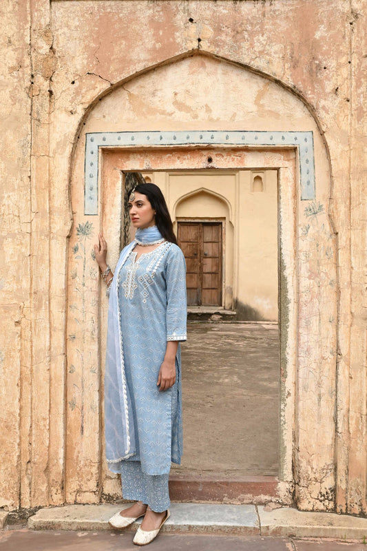 Blue Embroidered Cotton Kurta Pant Set With Dupatta