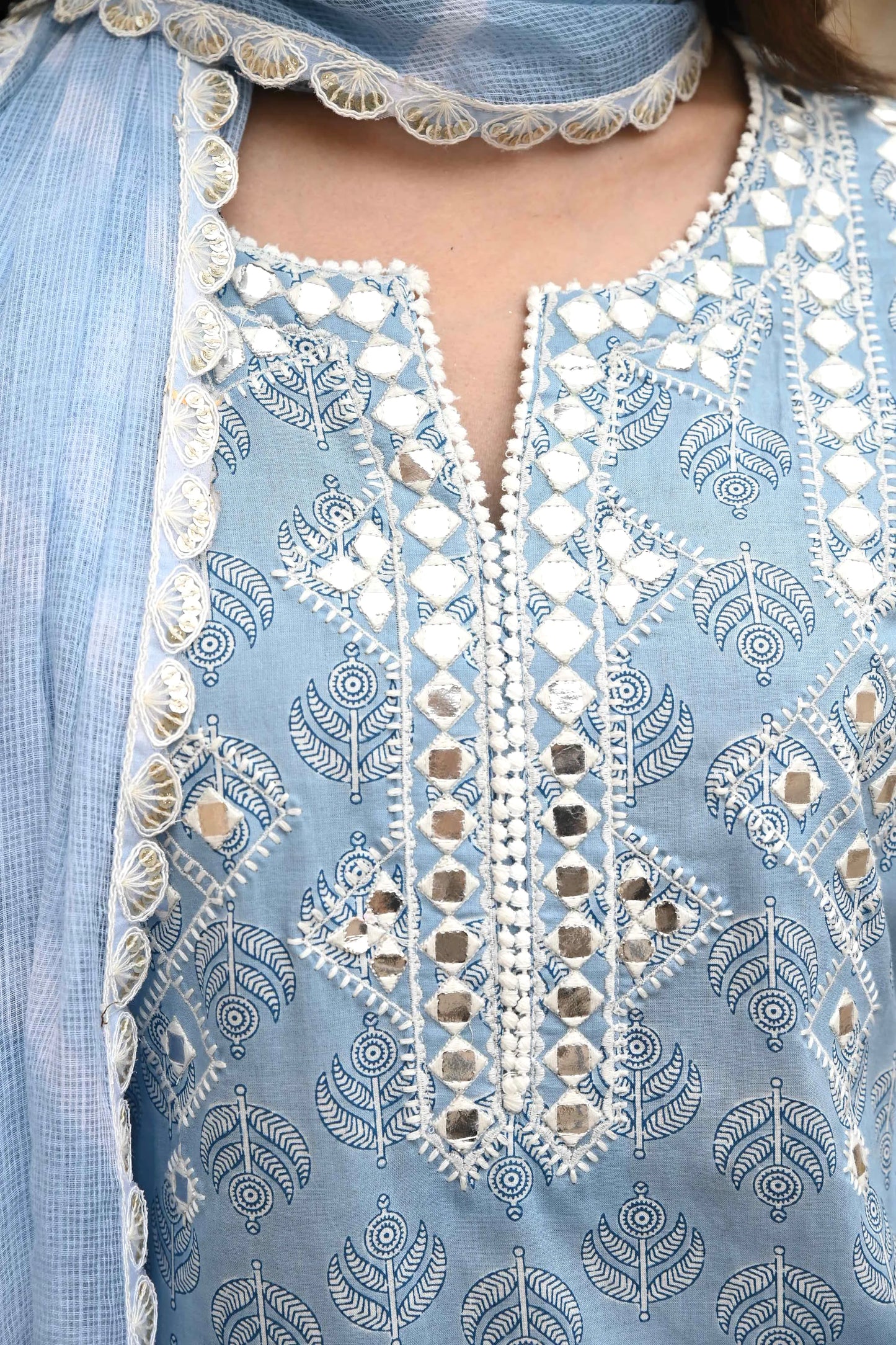 Blue Embroidered Cotton Kurta Pant Set With Dupatta