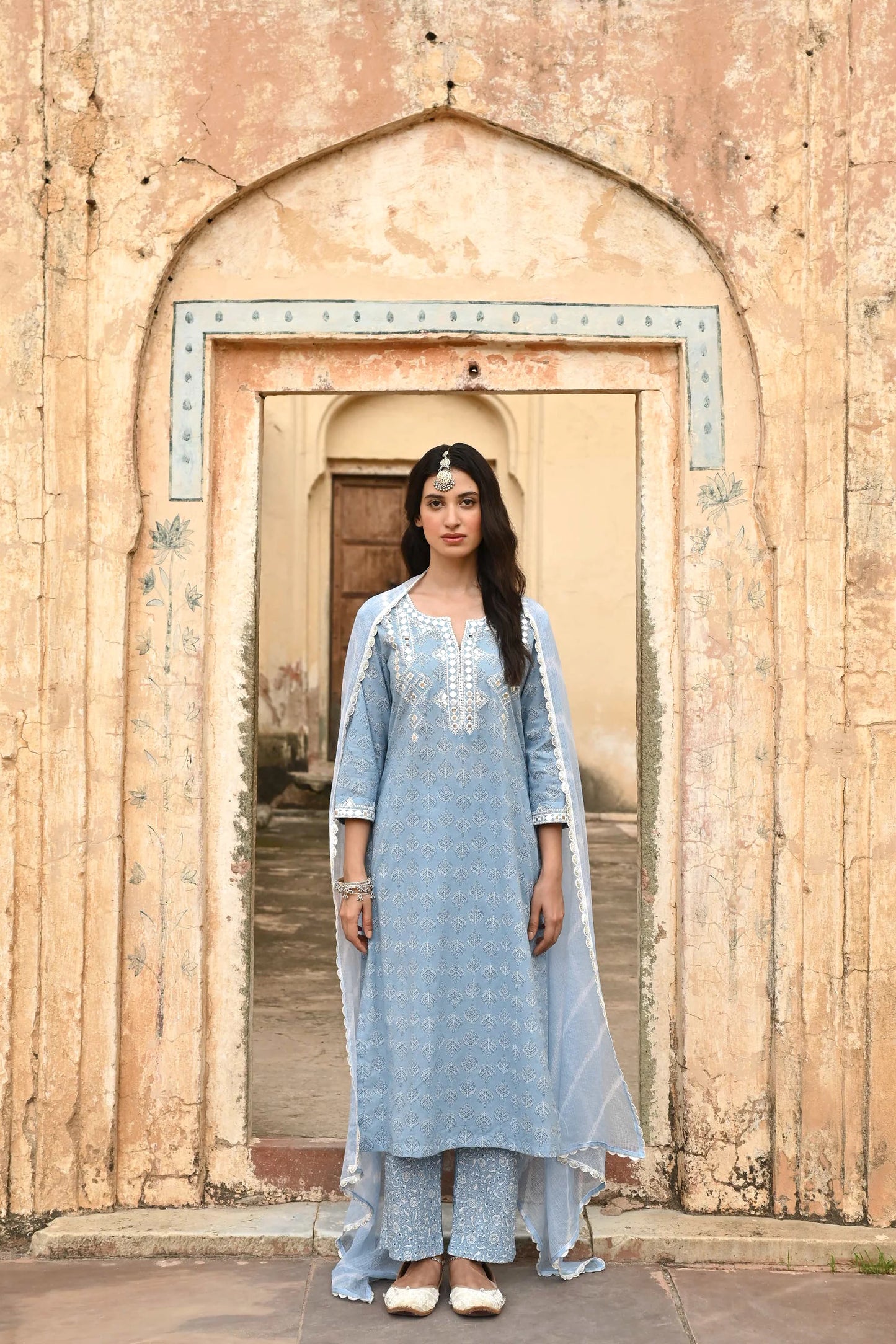 Blue Embroidered Cotton Kurta Pant Set With Dupatta