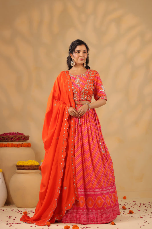Lehenga Bandhani with gota silk blouse( orange & pink )