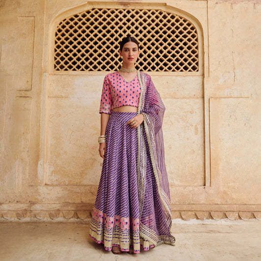 Pink Purple Cotton Gota Work Lehenga Set with Dupatta