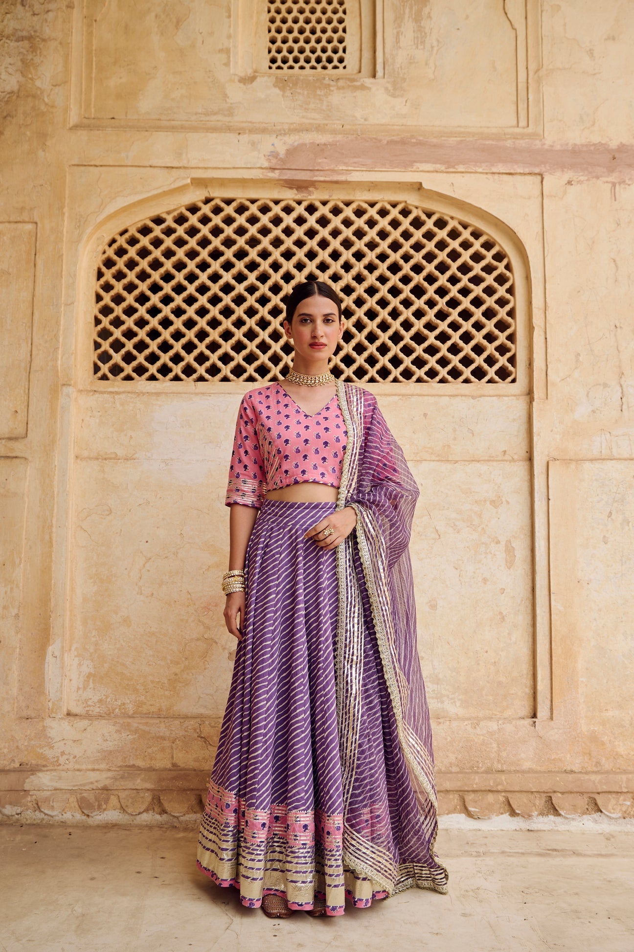 Pink Purple Cotton Gota Work Lehenga Set with Dupatta