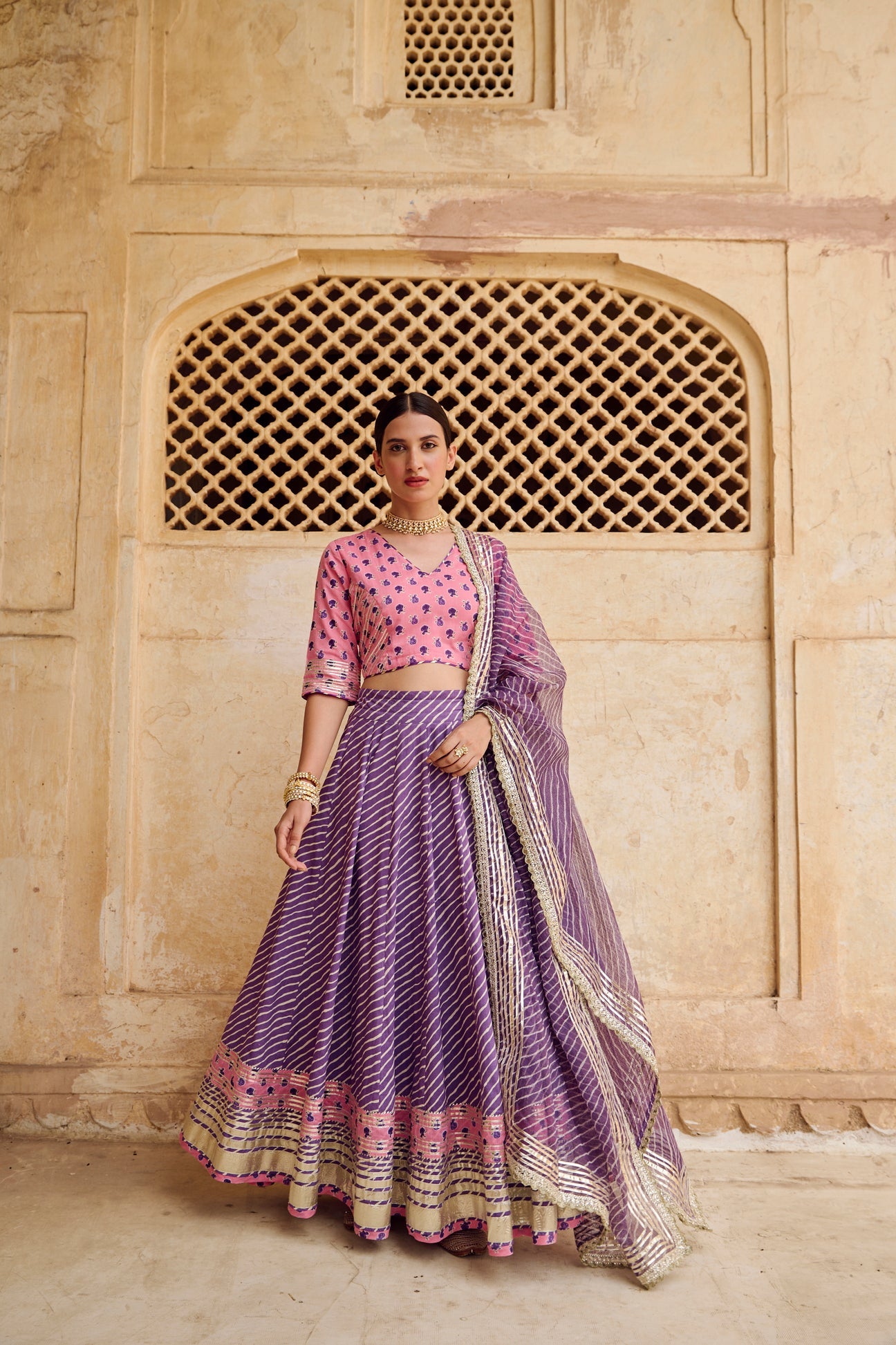 Pink Purple Cotton Gota Work Lehenga Set with Dupatta