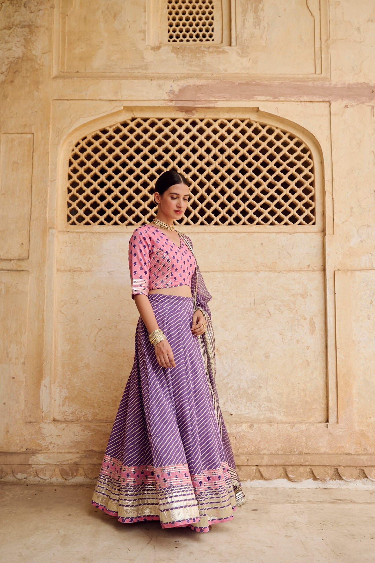 Pink Purple Cotton Gota Work Lehenga Set with Dupatta