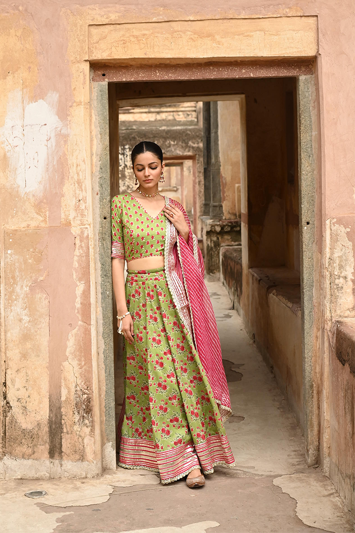 Green Mulmul Gota Work Lehenga Blouse Set with Dupatta
