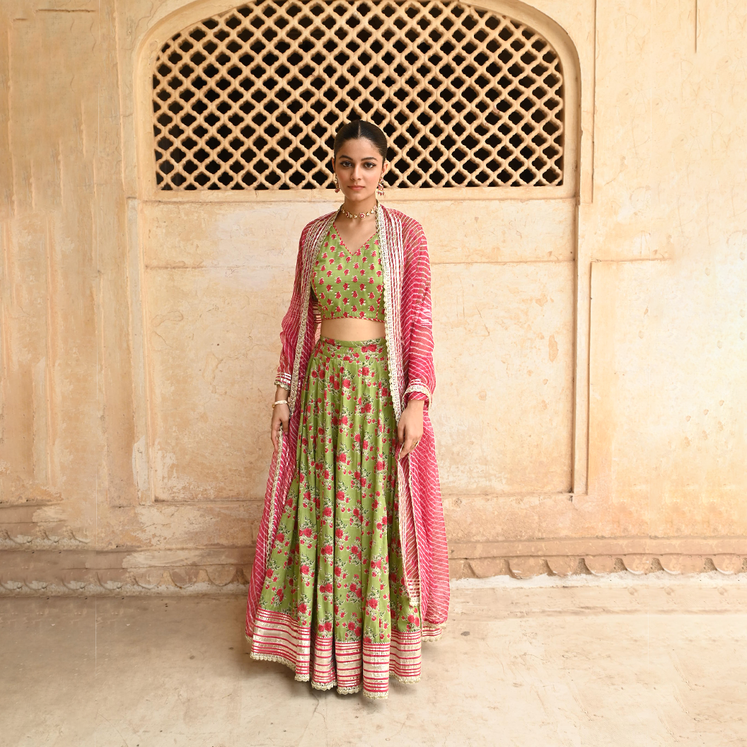 Green Mulmul Gota Work Lehenga Blouse Set with Dupatta