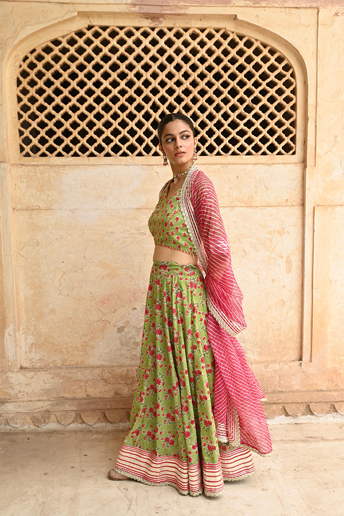 Green Mulmul Gota Work Lehenga Blouse Set with Dupatta
