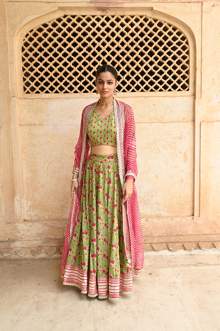 Green Mulmul Gota Work Lehenga Blouse Set with Dupatta