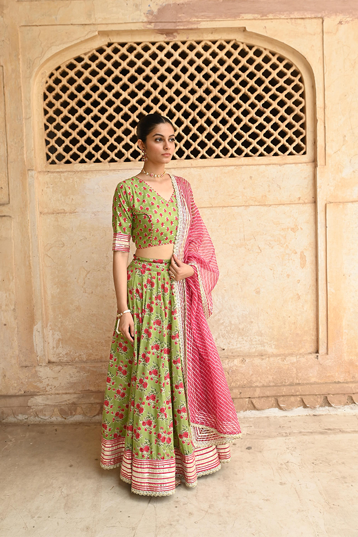 Green Mulmul Gota Work Lehenga Blouse Set with Dupatta