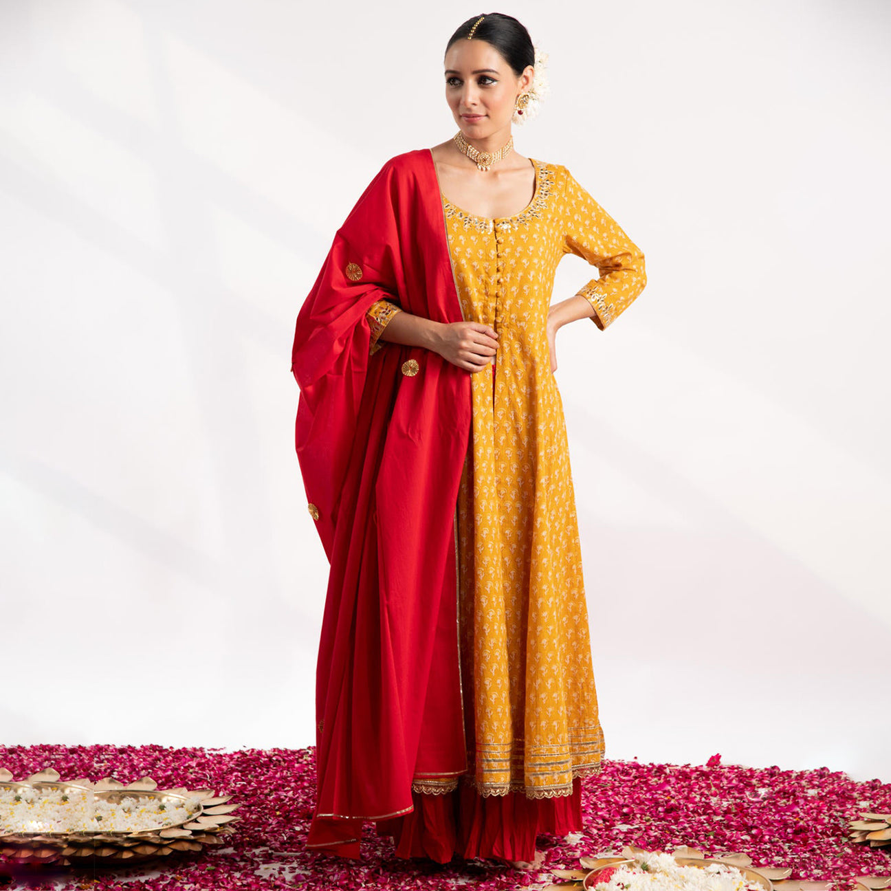 Mustard Printed Kali Kurta with Red Skirt and Dupatta