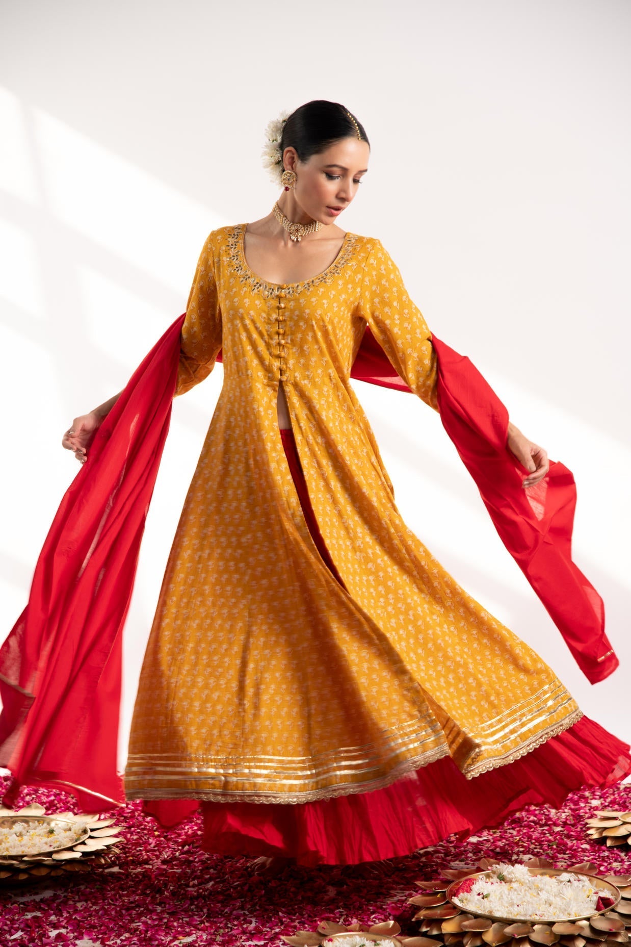 Mustard Printed Kali Kurta with Red Skirt and Dupatta