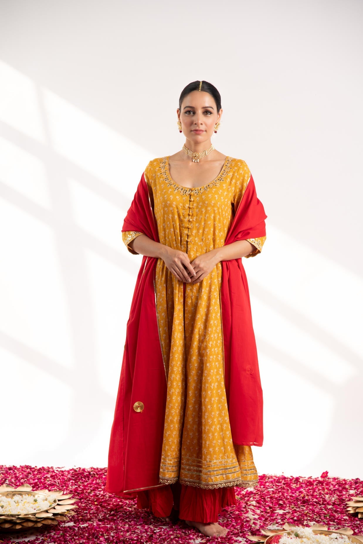 Mustard Printed Kali Kurta with Red Skirt and Dupatta