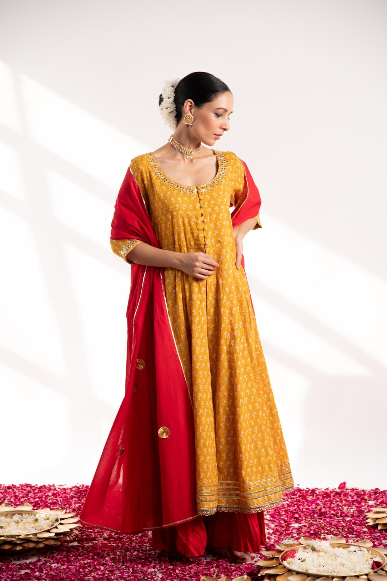 Mustard Printed Kali Kurta with Red Skirt and Dupatta