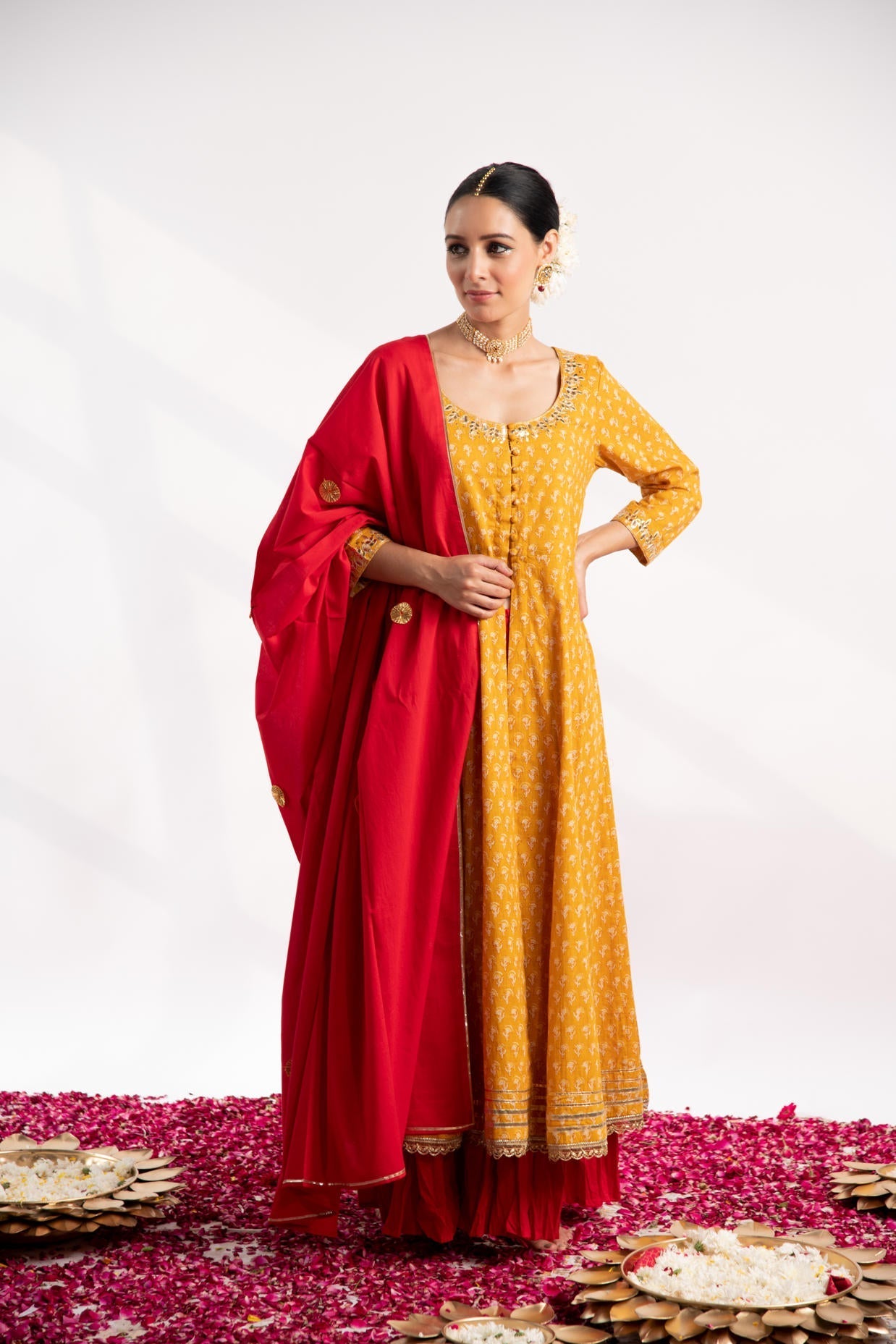 Mustard Printed Kali Kurta with Red Skirt and Dupatta