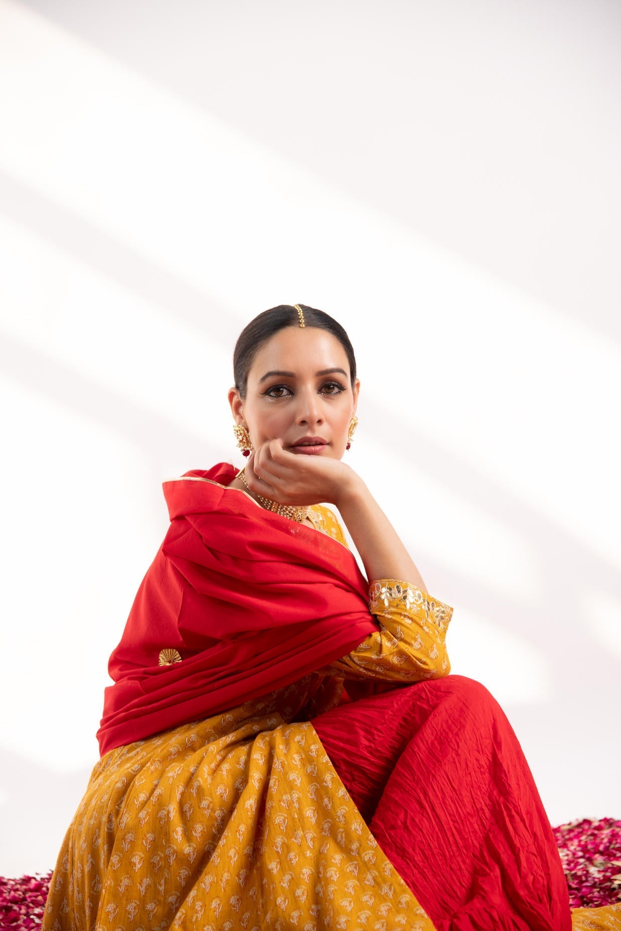 Mustard Printed Kali Kurta with Red Skirt and Dupatta