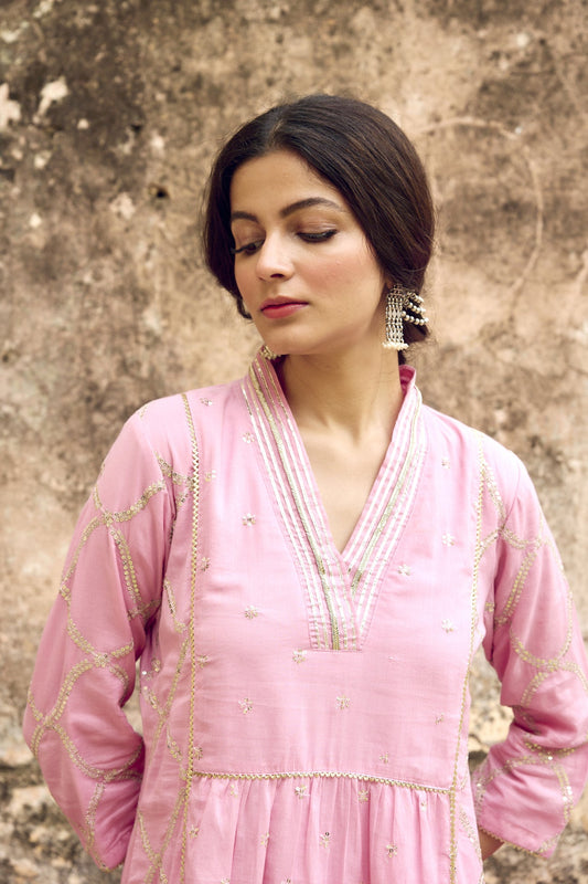 Pink Embroidered Mulmul Kurta Pant