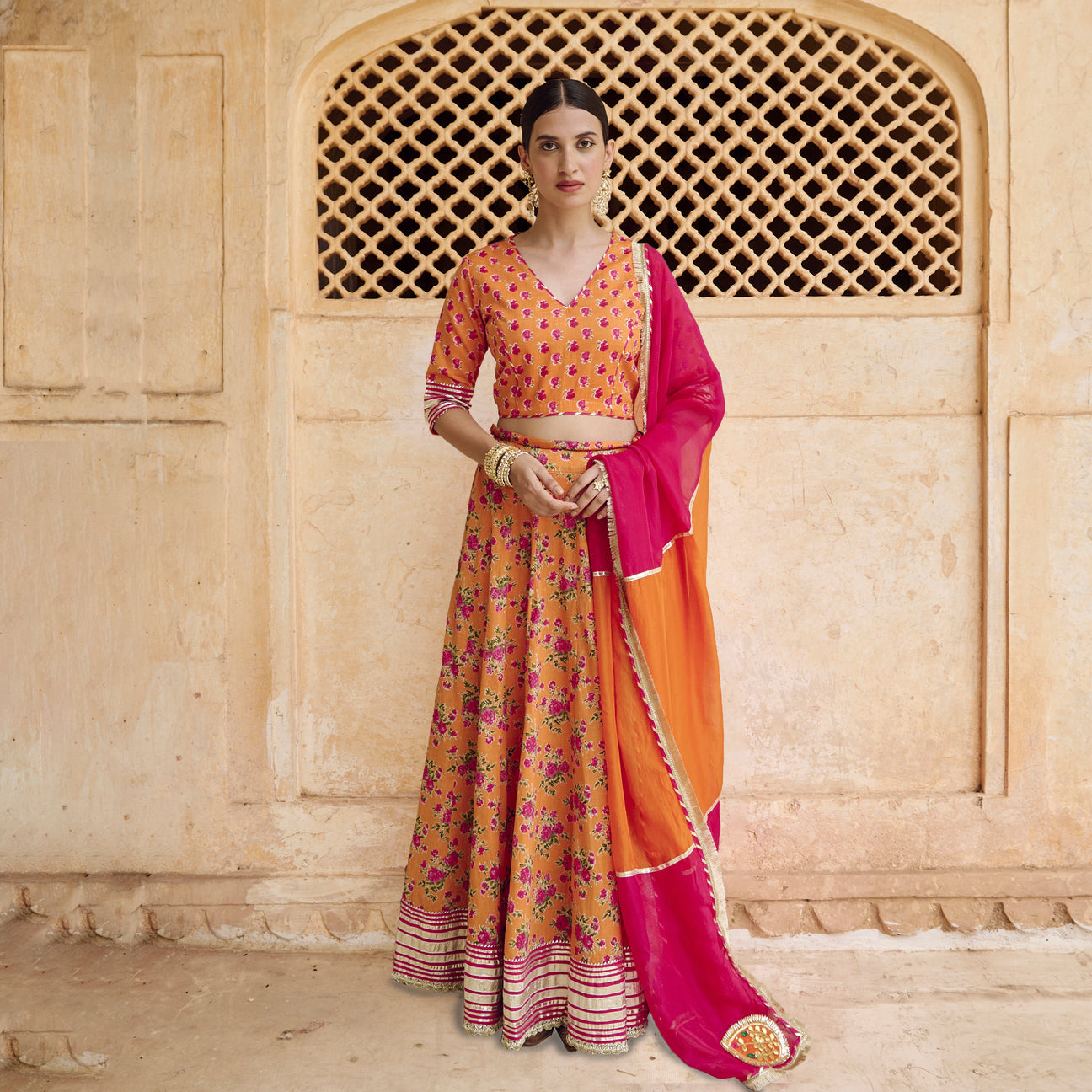 Orange Cotton Gota Work Lehenga Set with Dupatta