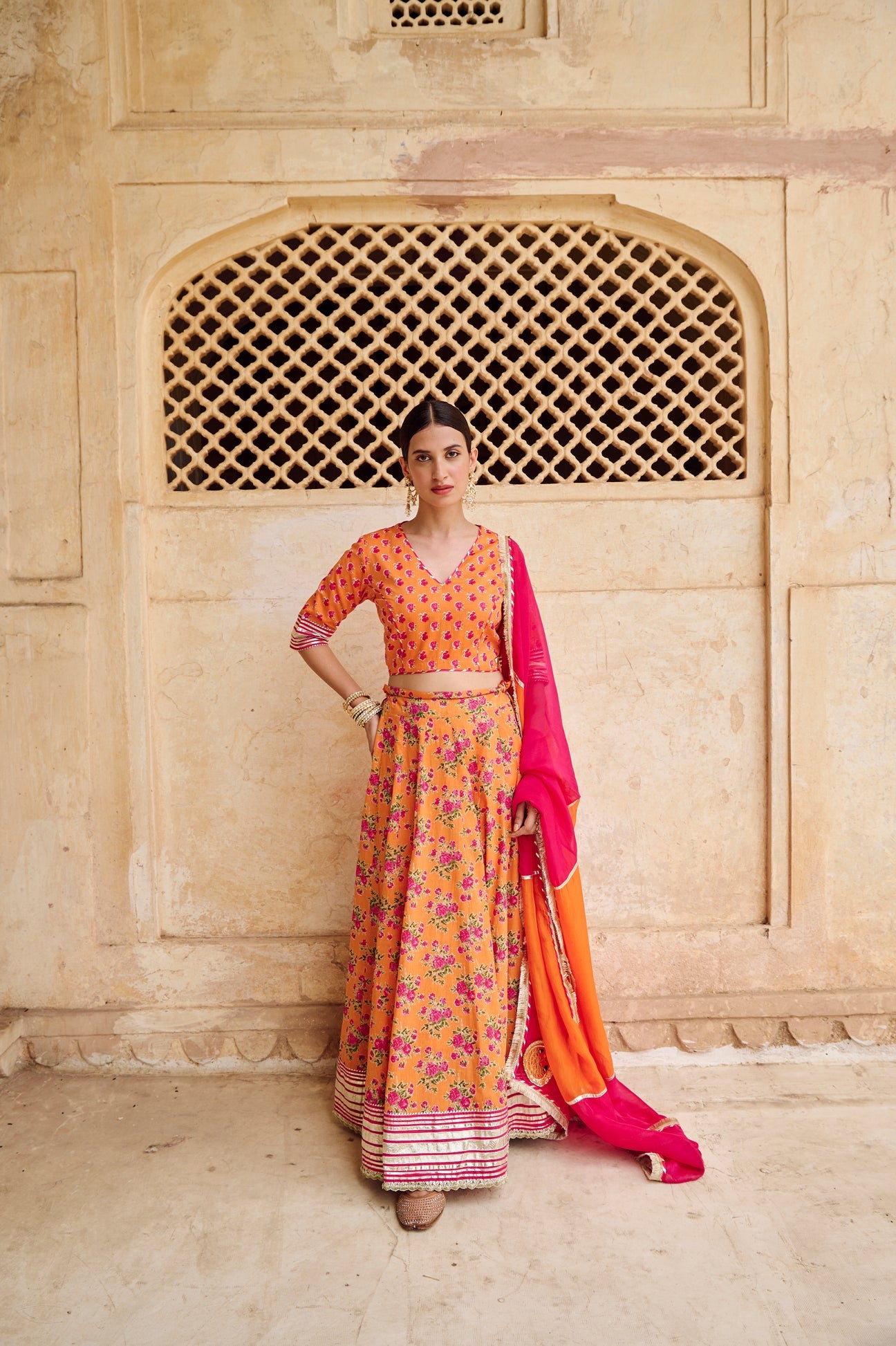 Orange Cotton Gota Work Lehenga Set with Dupatta