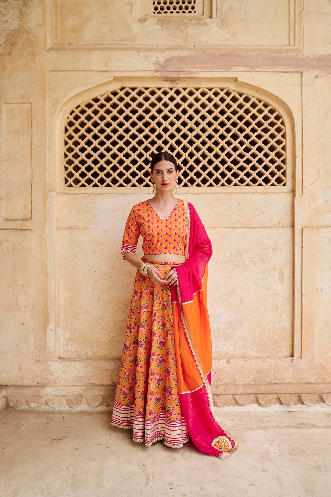 Orange Cotton Gota Work Lehenga Set with Dupatta