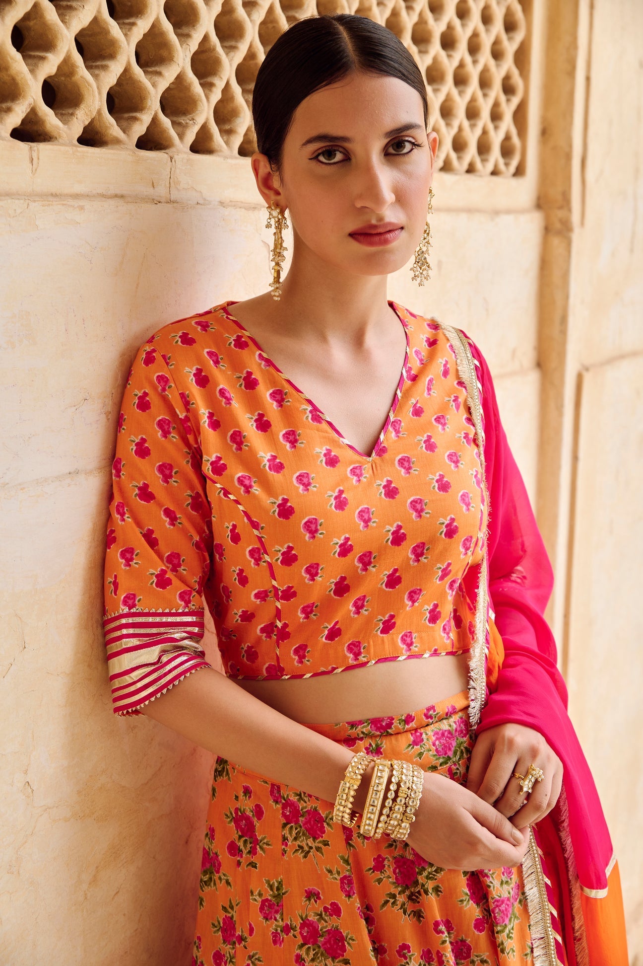 Orange Cotton Gota Work Lehenga Set with Dupatta