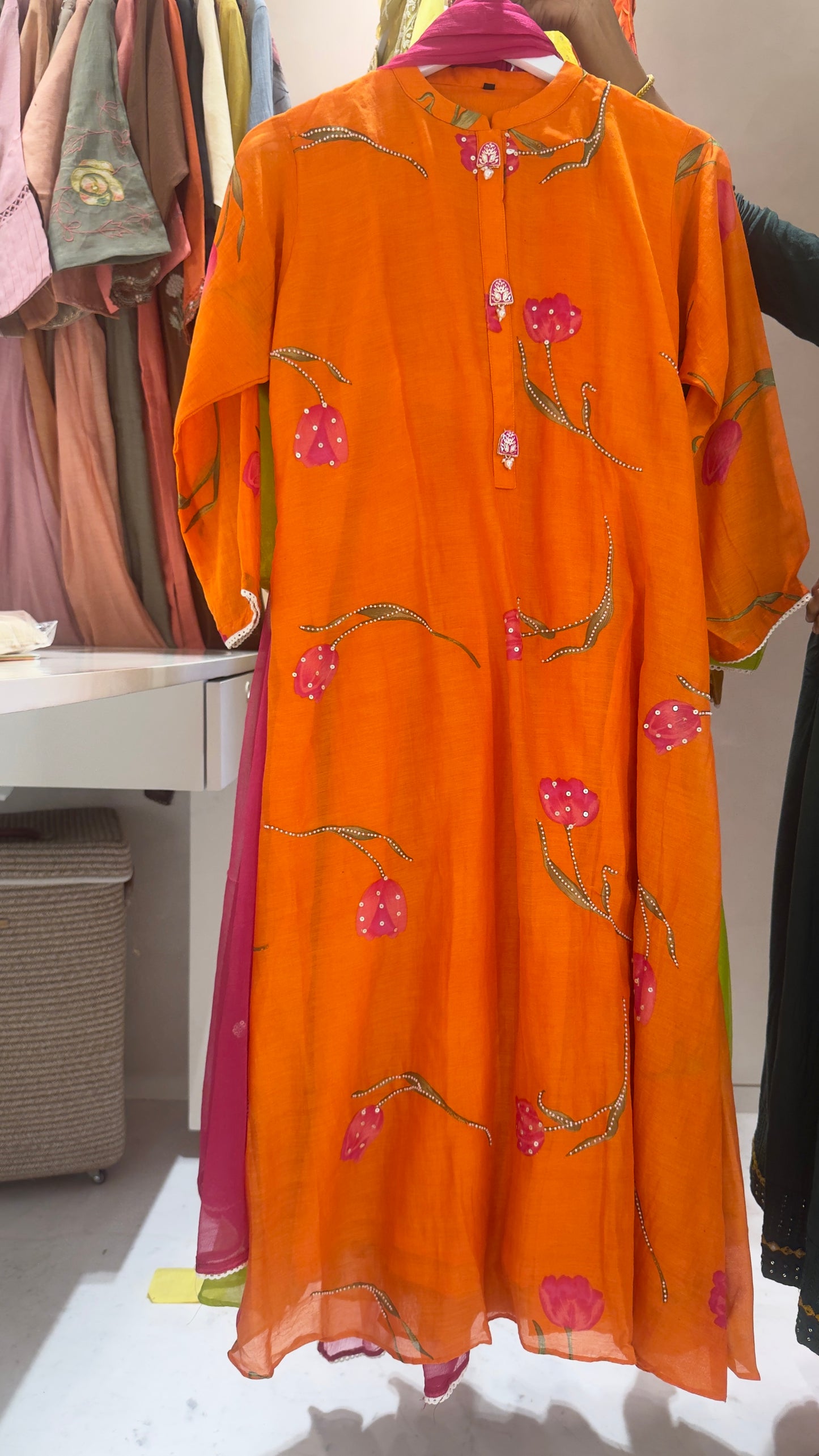 Neon shades classy flower print with hand work detailing in pure mul chandari kurta with chiffon dup and cotton pants
