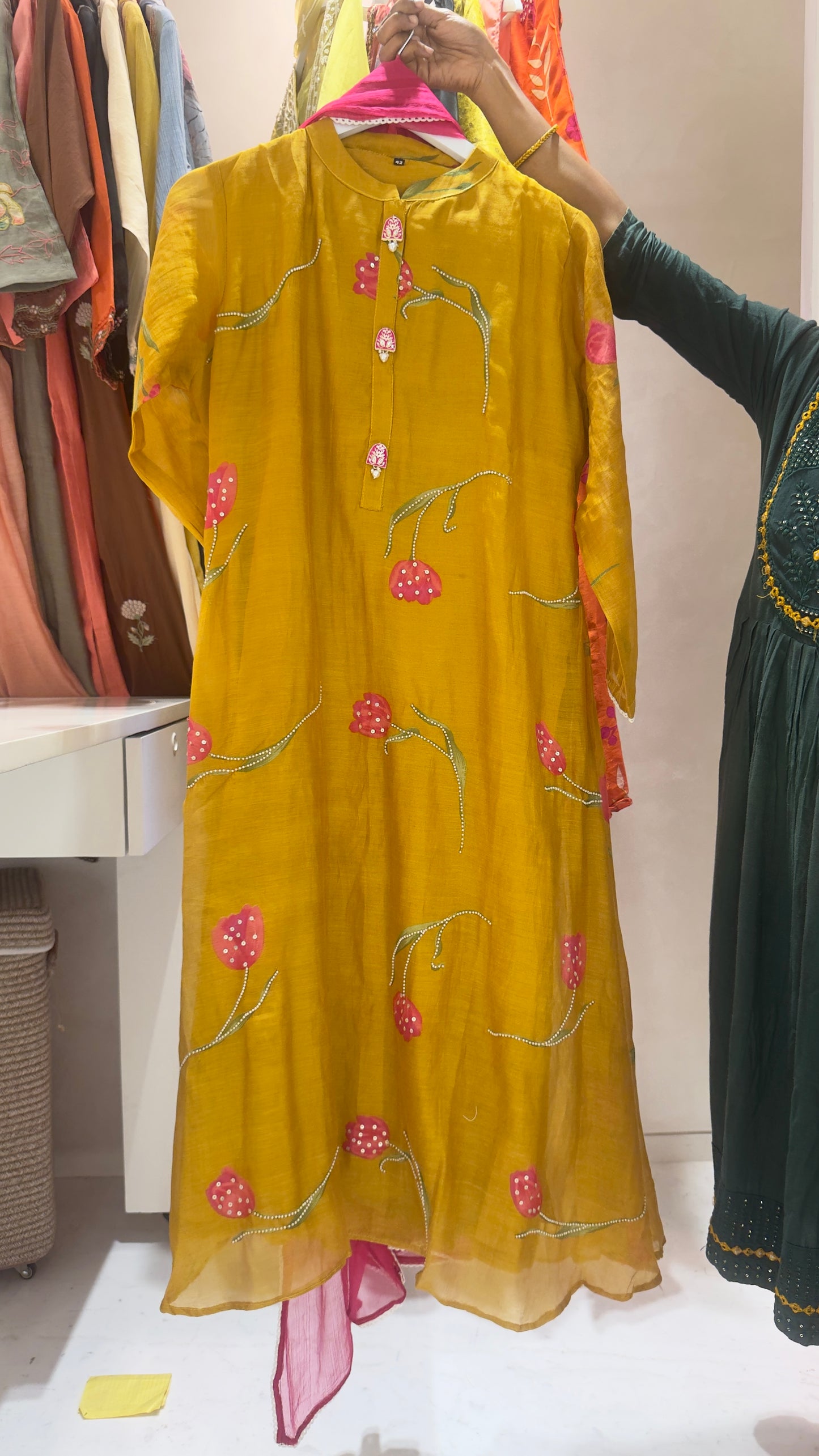 Neon shades classy flower print with hand work detailing in pure mul chandari kurta with chiffon dup and cotton pants