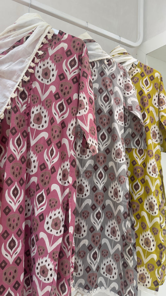 Ikkat cotton suit with beautiful dup with appliqué detailing paired with pants