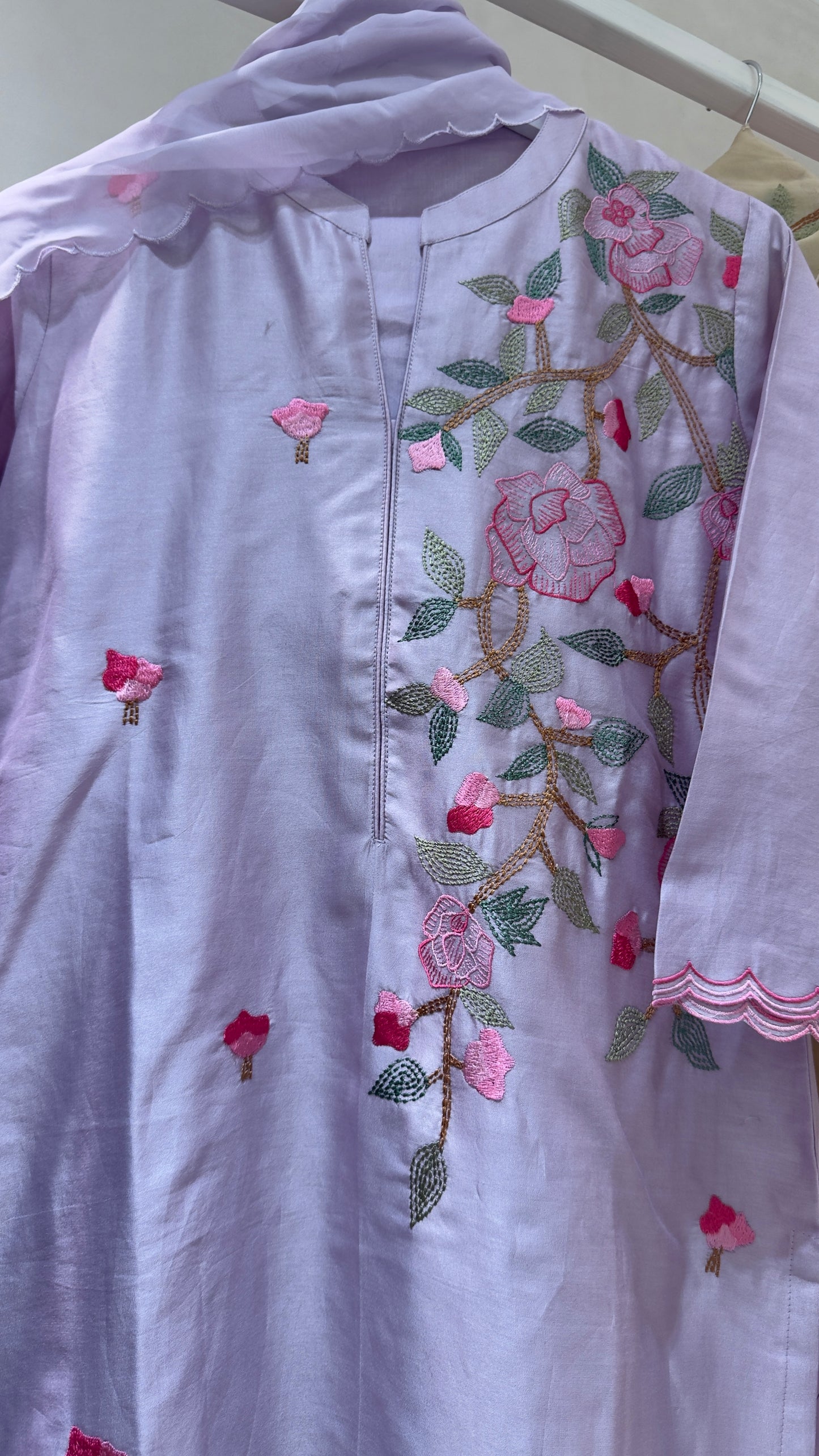 Pastel chandari silk staright suit with soft organza Dupatta and silk pants