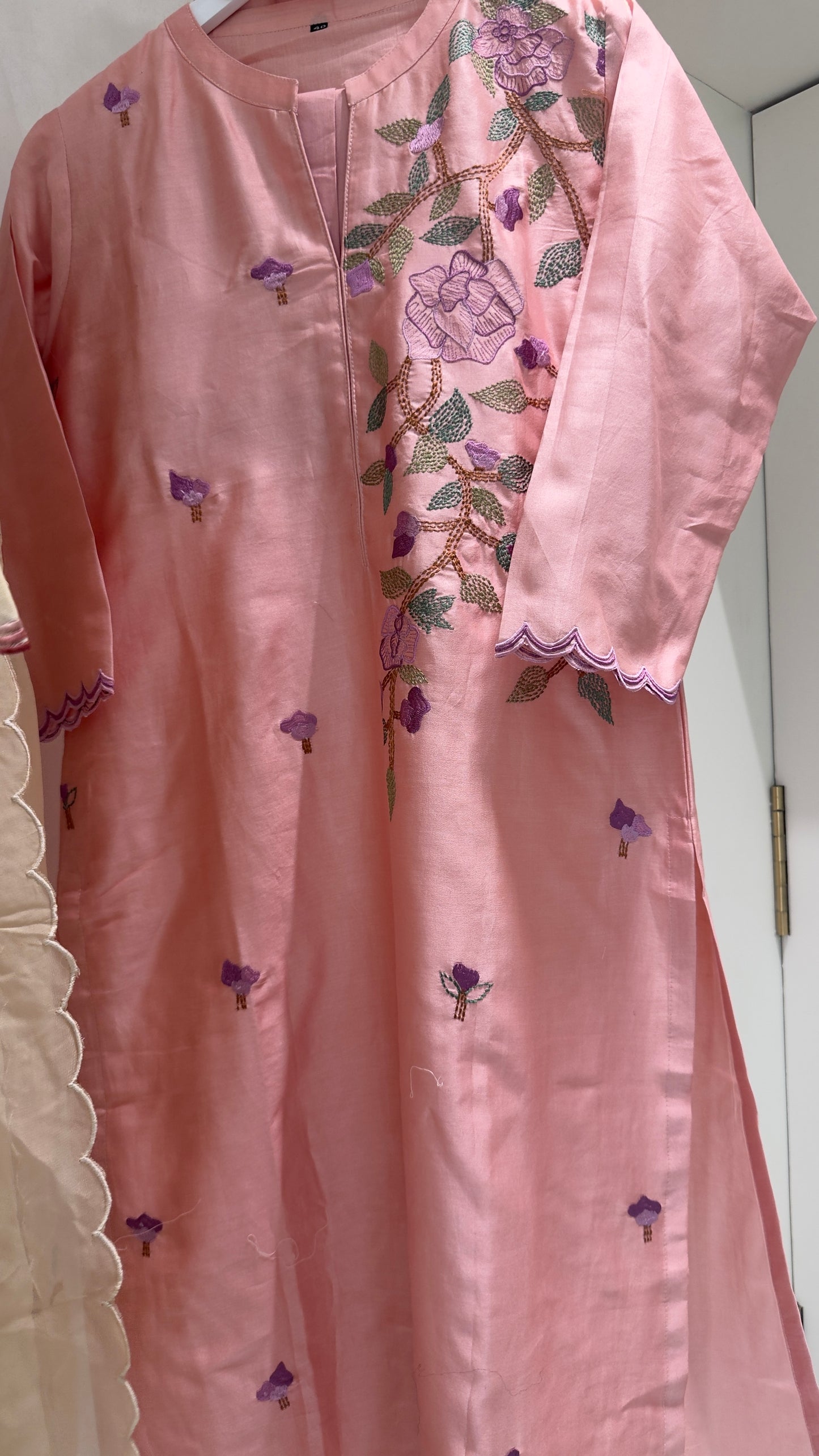 Pastel chandari silk staright suit with soft organza Dupatta and silk pants