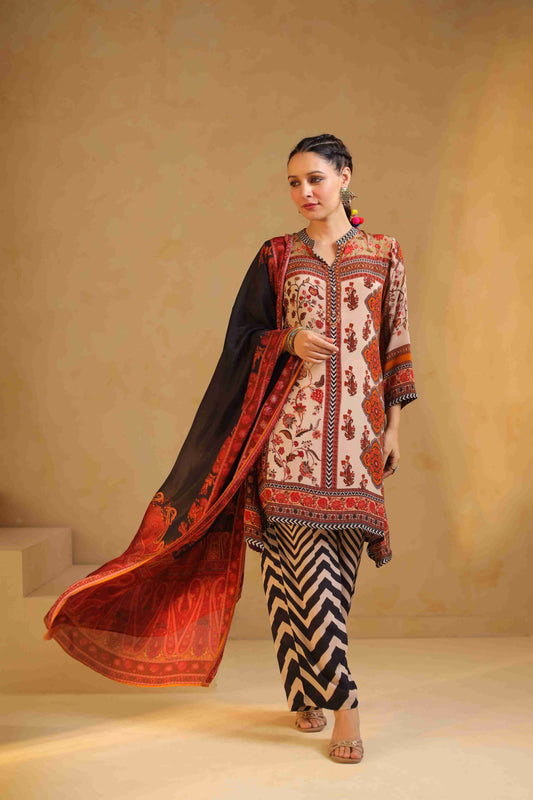 Designer pure muslin silk kurta Dupatta with crepe zig zag pants