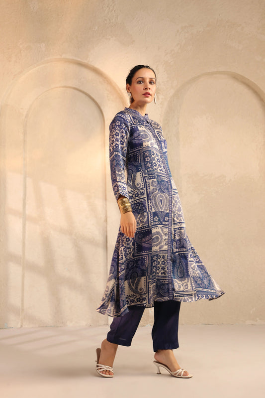 Indigo Mughal print silk kurta pant
