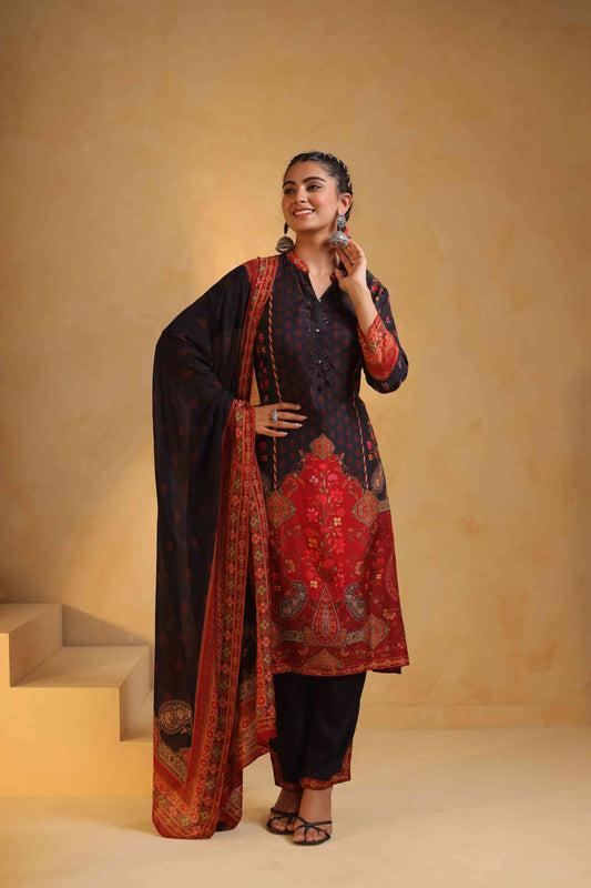 Black premium digit print silk suit with silk bottom and soft silk dupatta with cotton lining kurta