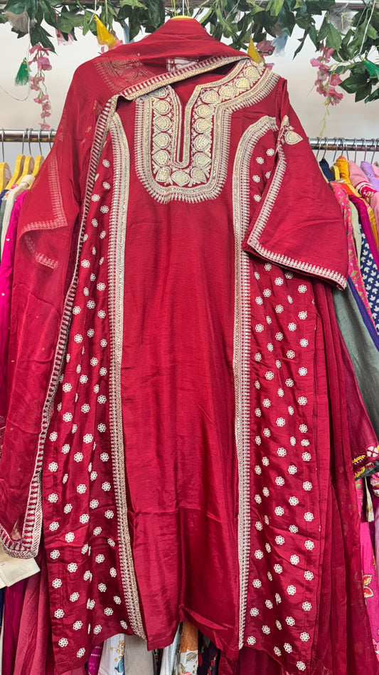 Red classy silk Zari embroidery suit