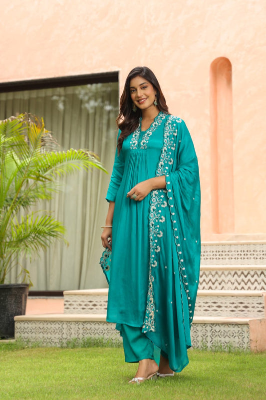 Blue Pure chinon Aline suit with pearl handwork