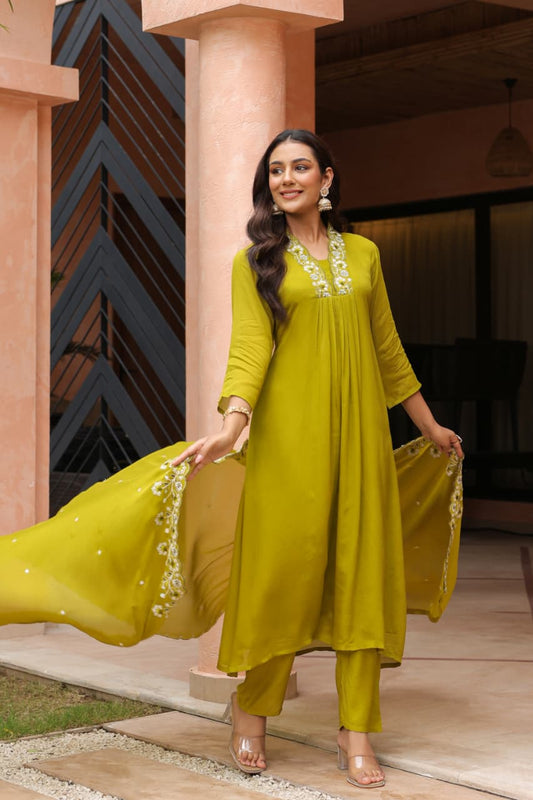 Green Pure chinon Aline suit with pearl handwork