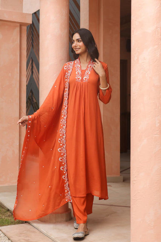 Rust Pure chinon Aline suit with pearl handwork