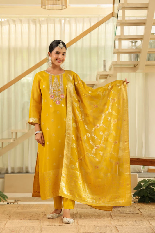 Yellow Pure banaras organza silk with cotton lining suit
