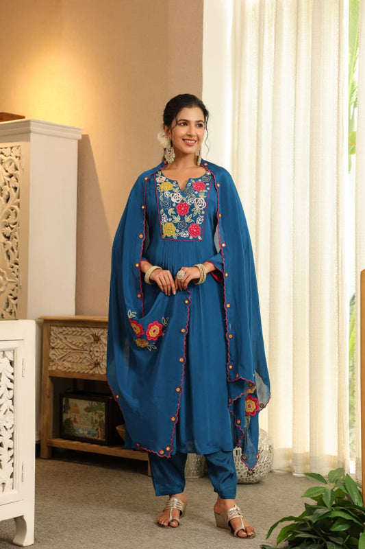 Blue Chinon appliqué with handwork Anarkali suit