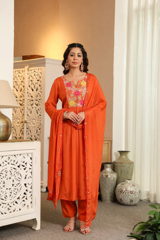 Rust Chinon appliqué with handwork Anarkali suit
