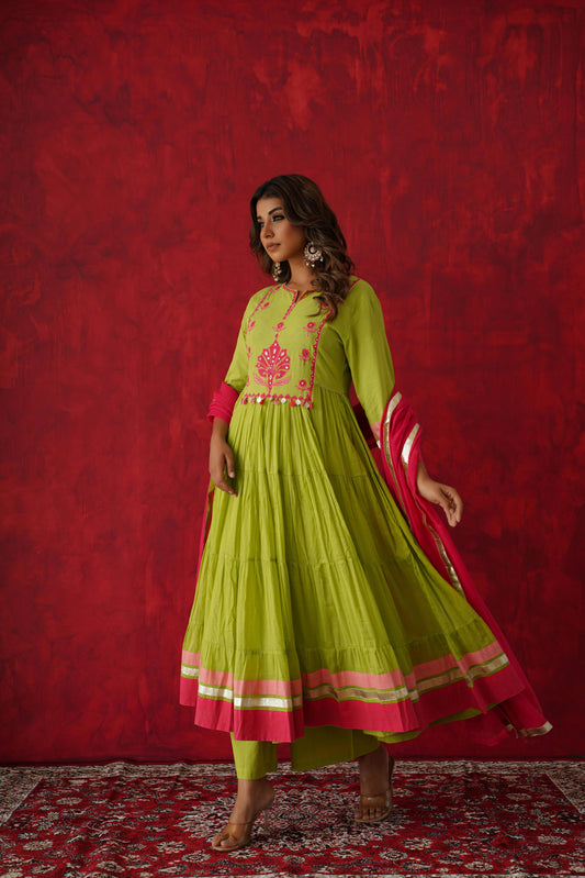 Pure green mul cotton Anarkali with real mirror embroidery