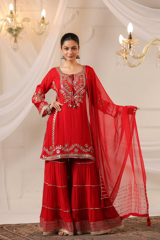 Red chinon real mirror & gota work sharara with pure chiffon Dupatta