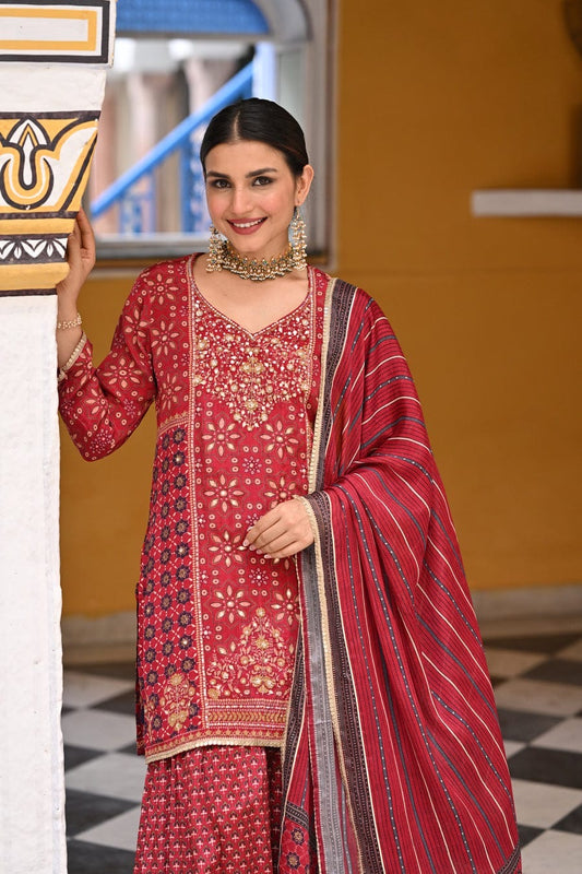 Red Block and Placement with Gold Foil Print Muslin Sharara Set with sequence , Moti and Gota work